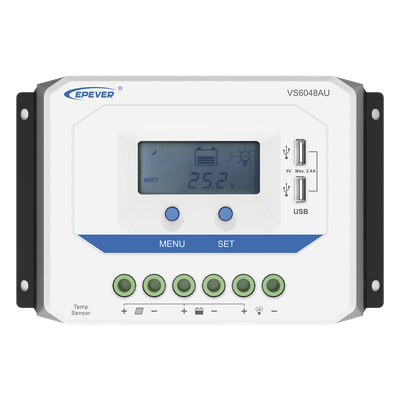Controlador de Carga Solar PWM / 60A / Auto 12/24/36/48V / Pantalla LCD / USB Dual 5V 2.4A / Tierra Positivo Común