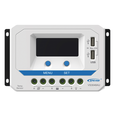Controlador Solar PWM / 30A / 12/24/36/48V Auto / Tierra Positivo Común / Doble USB 2.4A / Pantalla LCD